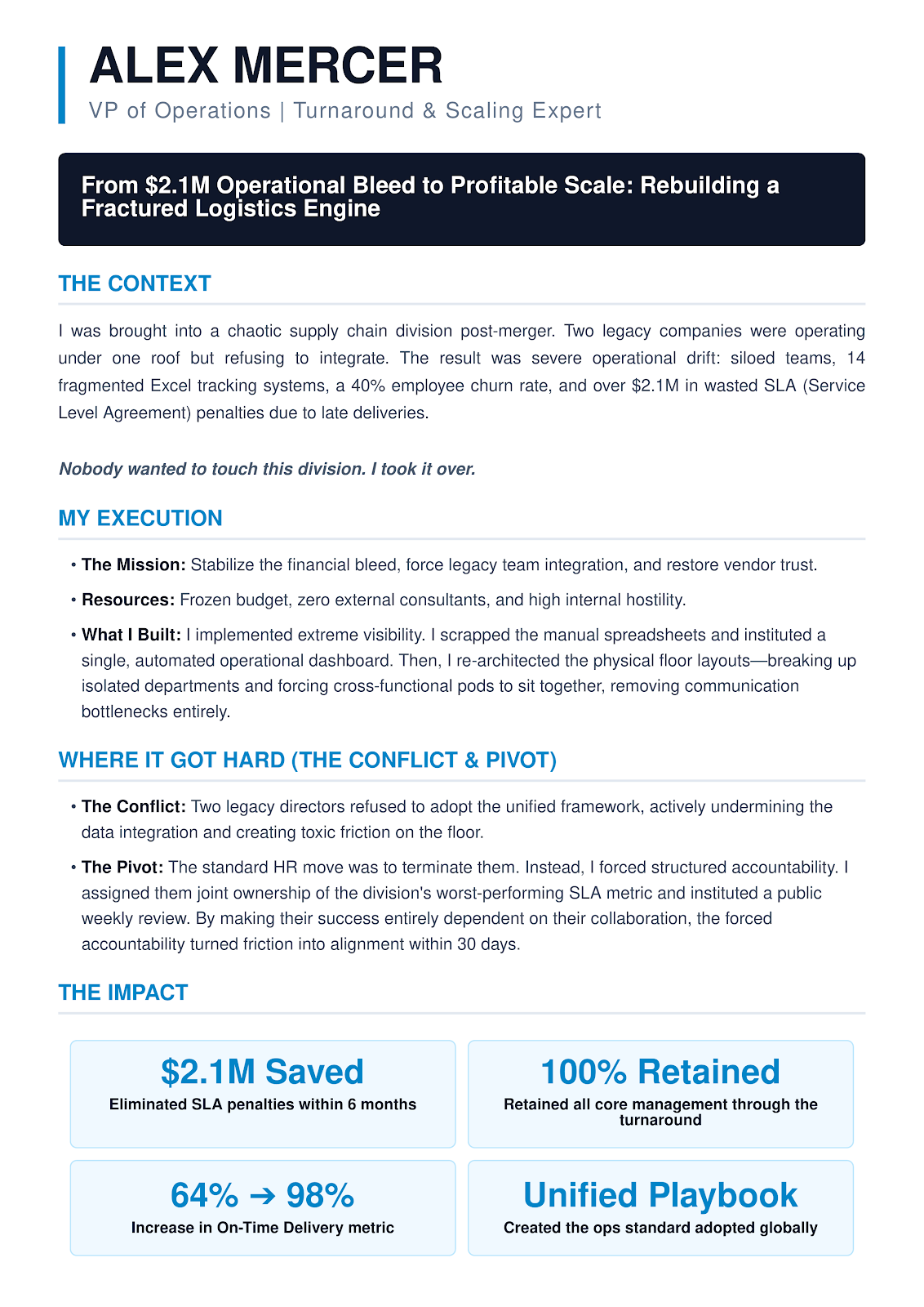 דוגמה ל-Impact Page: עמוד אחד שמספר רגע מקצועי אחד, עם הרקע, הביצוע, הקונפליקט והתוצאות